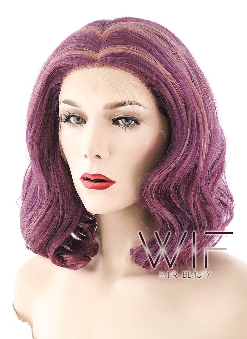 14" Medium Curly Purple with Pink Tips Lace Front Synthetic Hair Wig LF1593