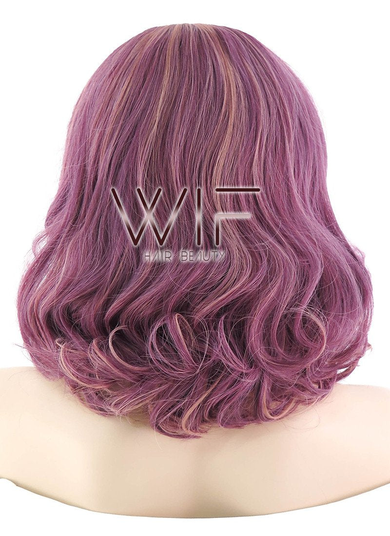 14" Medium Curly Purple with Pink Tips Lace Front Synthetic Hair Wig LF1593