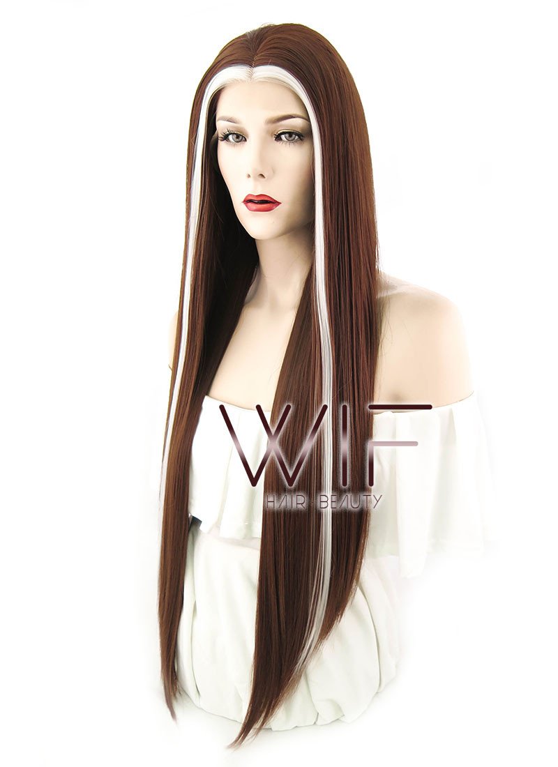 Marvel Comics X-Men's Rogue 28" Long Straight Brown With White Tips Lace Front Synthetic Hair Wig LF1601
