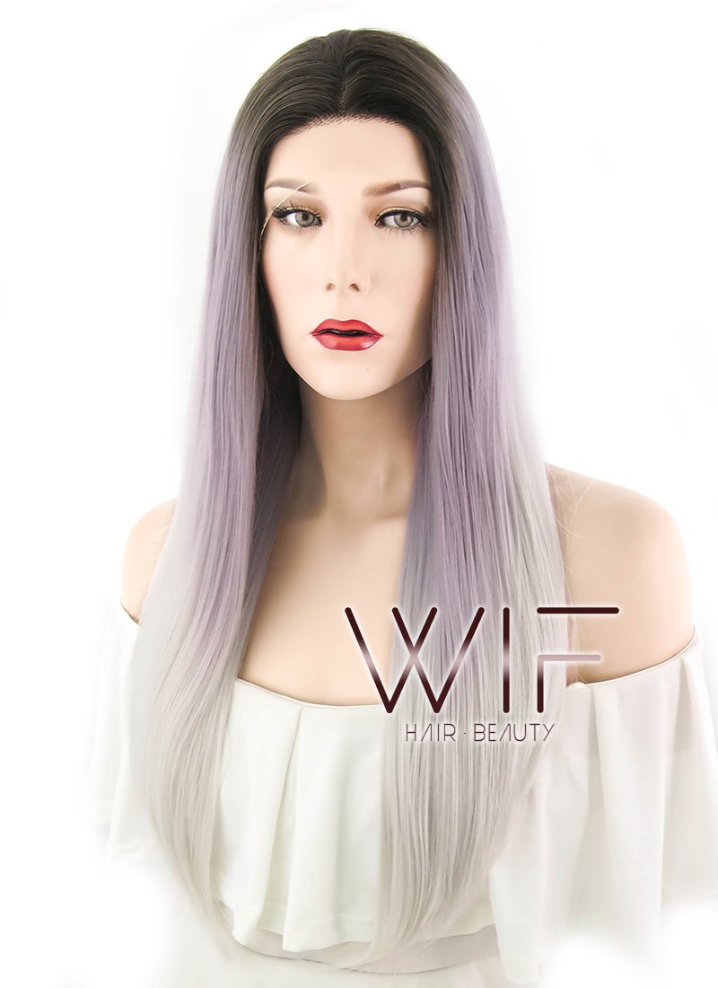 18" Straight Purple Grey Ombre With Dark Roots Lace Front Synthetic Wig LF1604