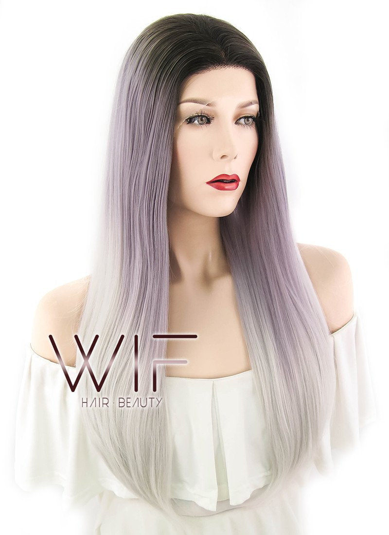 18" Long Straight Brown Purple Grey Mixed Lace Front Synthetic Hair Wig LF1604