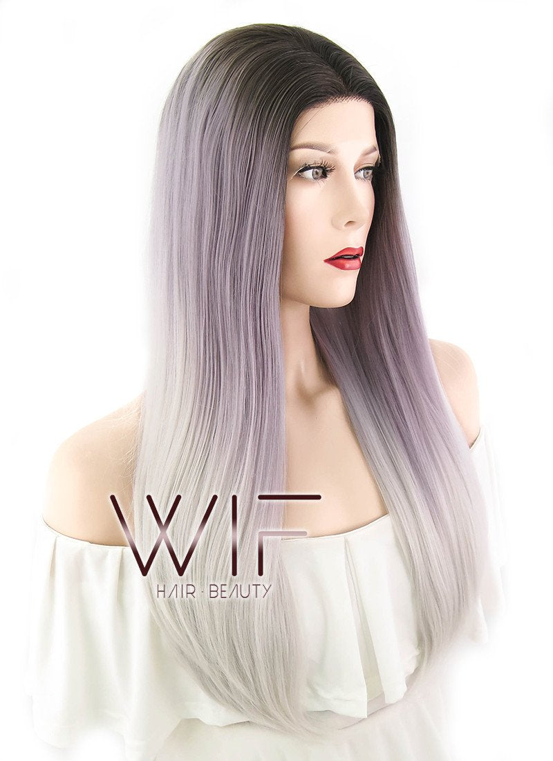 18" Long Straight Brown Purple Grey Mixed Lace Front Synthetic Hair Wig LF1604