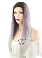 18" Long Straight Brown Purple Grey Mixed Lace Front Synthetic Hair Wig LF1604