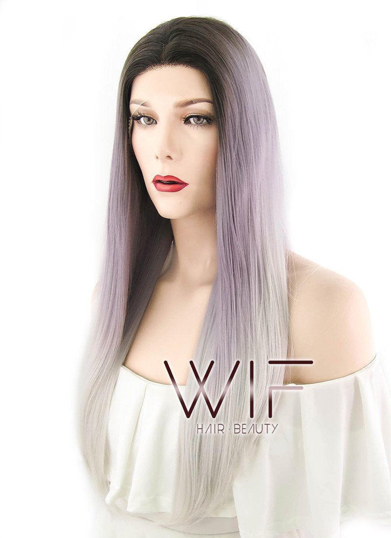18" Long Straight Brown Purple Grey Mixed Lace Front Synthetic Hair Wig LF1604