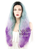 24" Wavy Green Purple Ombre With Dark Roots Lace Front Synthetic Wig LF1607 