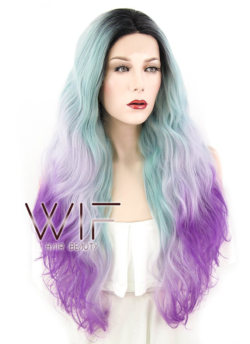 24" Wavy Green Purple Ombre With Dark Roots Lace Front Synthetic Wig LF1607 