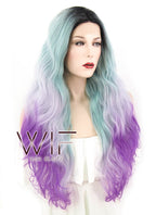 24" Wavy Green Purple Ombre With Dark Roots Lace Front Synthetic Wig LF1607