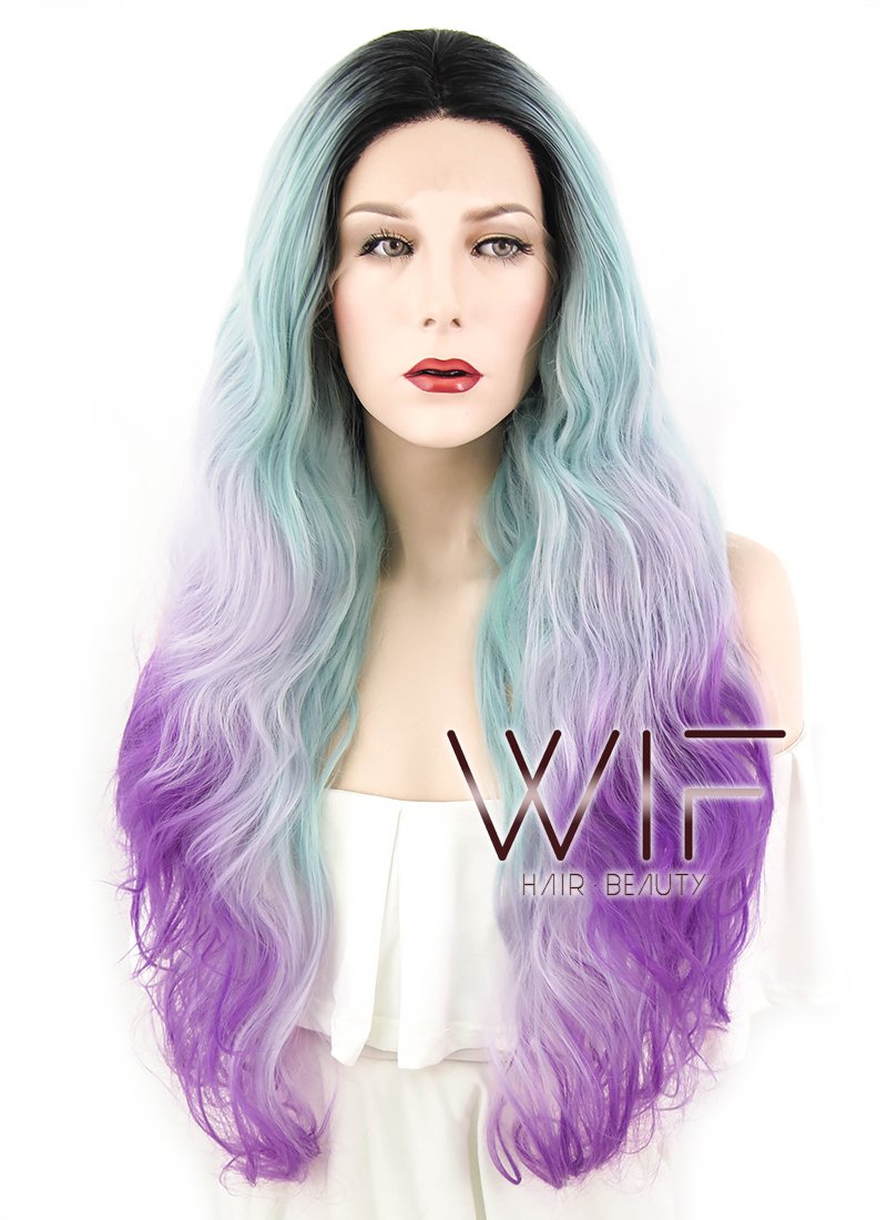 24" Wavy Green Purple Ombre With Dark Roots Lace Front Synthetic Wig LF1607