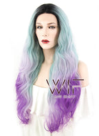 24" Wavy Green Purple Ombre With Dark Roots Lace Front Synthetic Wig LF1607