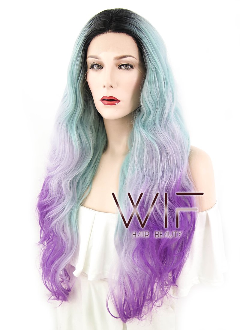 24" Wavy Green Purple Ombre With Dark Roots Lace Front Synthetic Wig LF1607