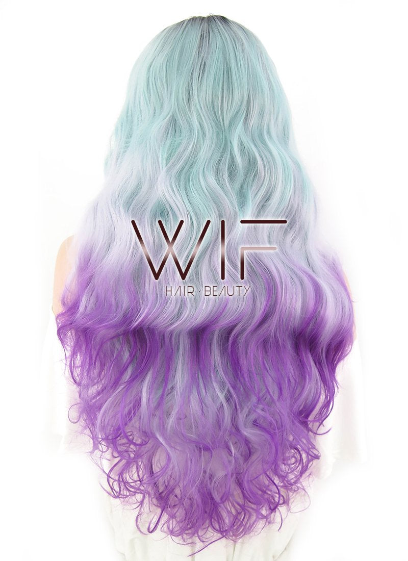 24" Wavy Green Purple Ombre With Dark Roots Lace Front Synthetic Wig LF1607