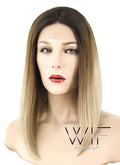 14" Straight Brown Blonde Ombre With Dark Roots Lace Front Synthetic Wig LF1608