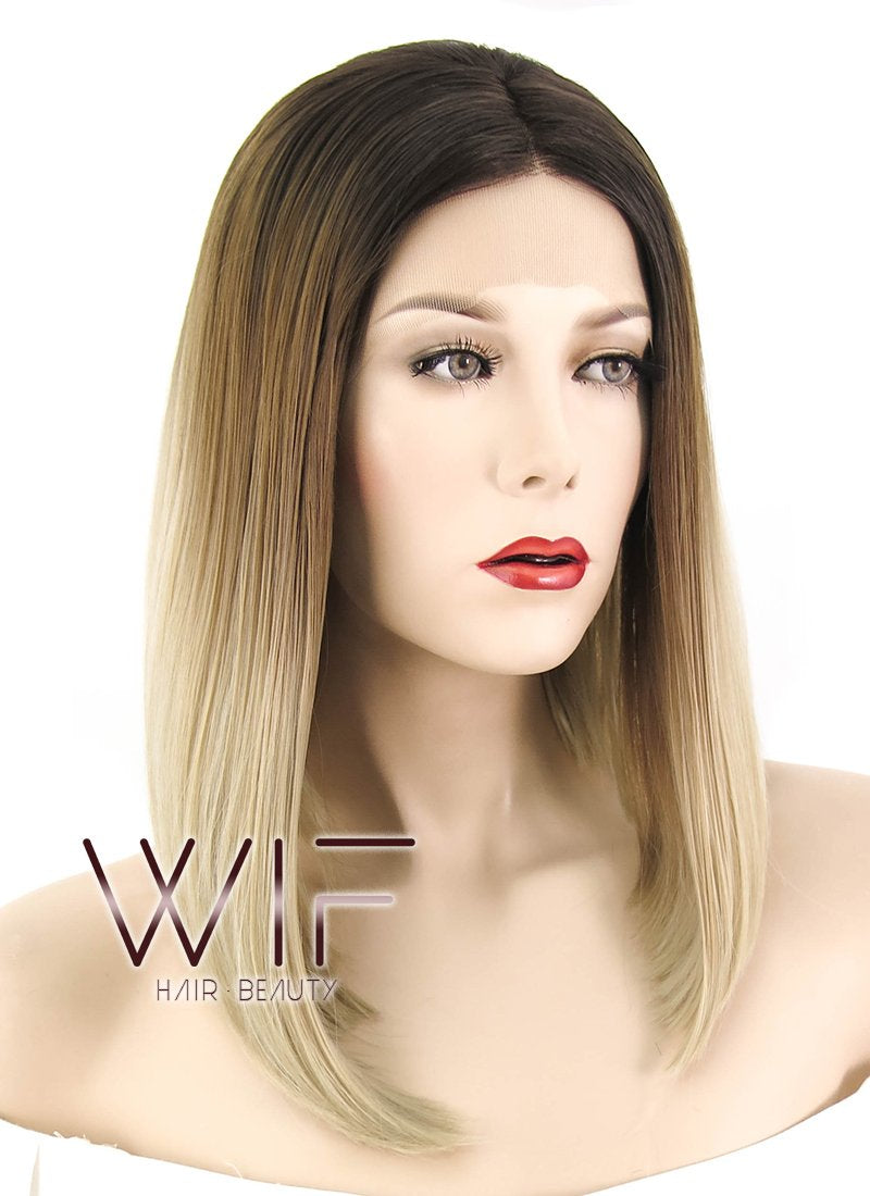 14" Straight Brown Blonde Ombre With Dark Roots Lace Front Synthetic Wig LF1608