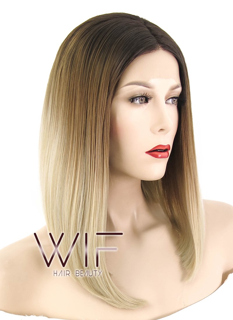 14" Straight Brown Blonde Ombre With Dark Roots Lace Front Synthetic Wig LF1608