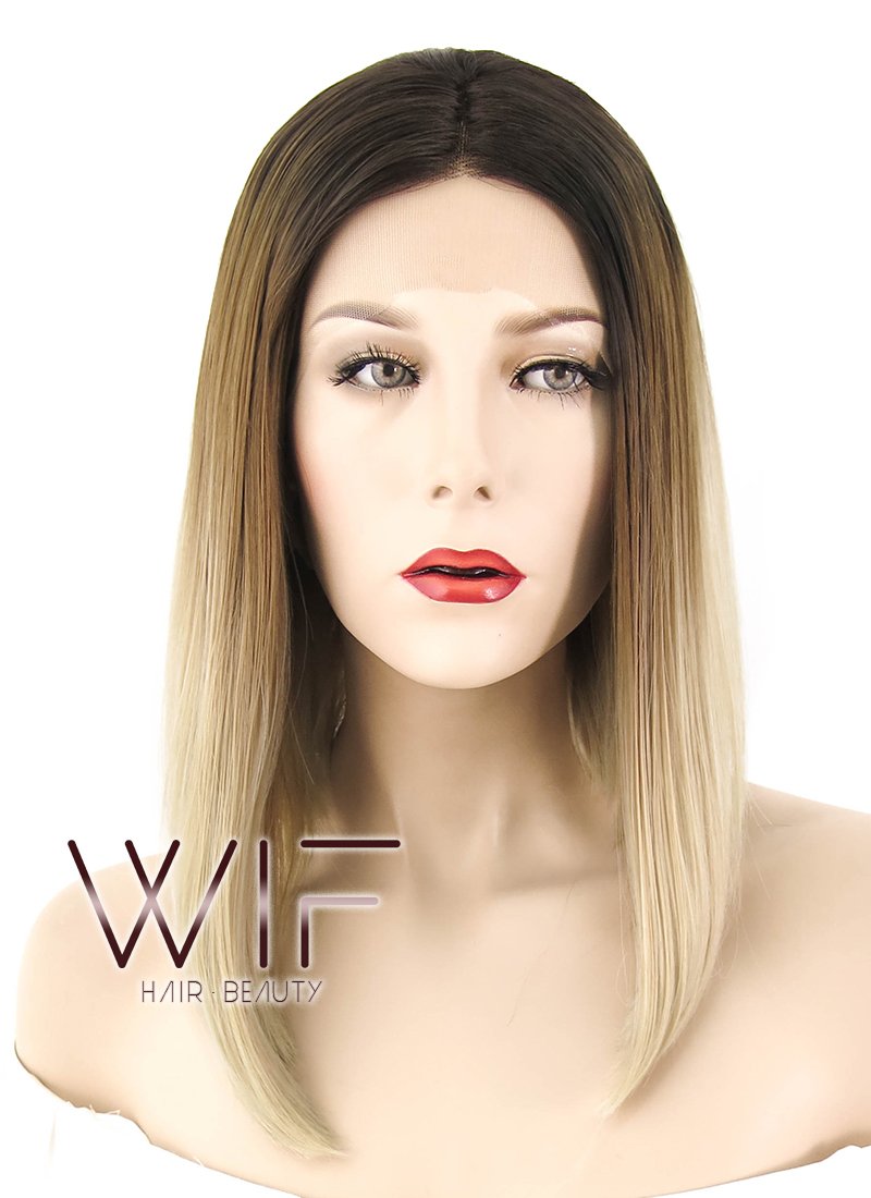 14" Straight Brown Blonde Ombre With Dark Roots Lace Front Synthetic Wig LF1608