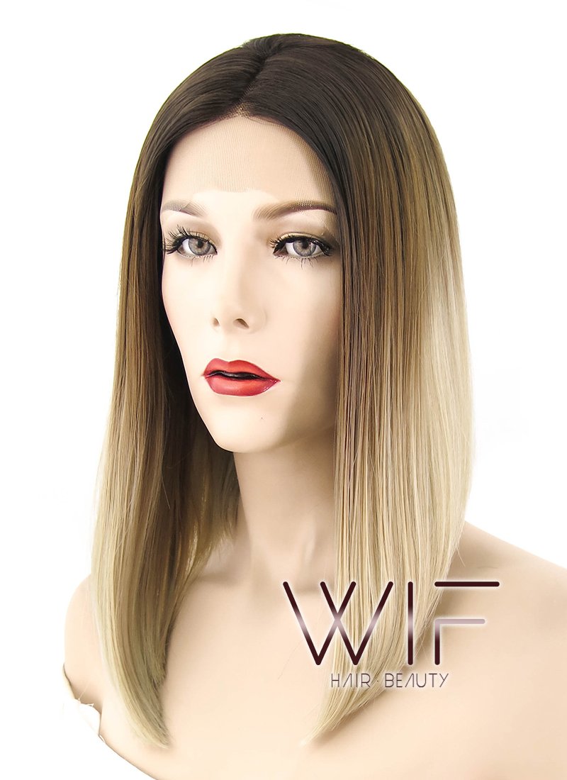14" Straight Brown Blonde Ombre With Dark Roots Lace Front Synthetic Wig LF1608