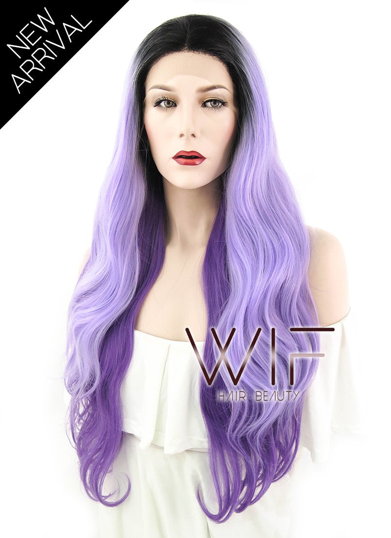 24" Wavy Two Tone Purple With Dark Roots Lace Front Synthetic Wig LF1609