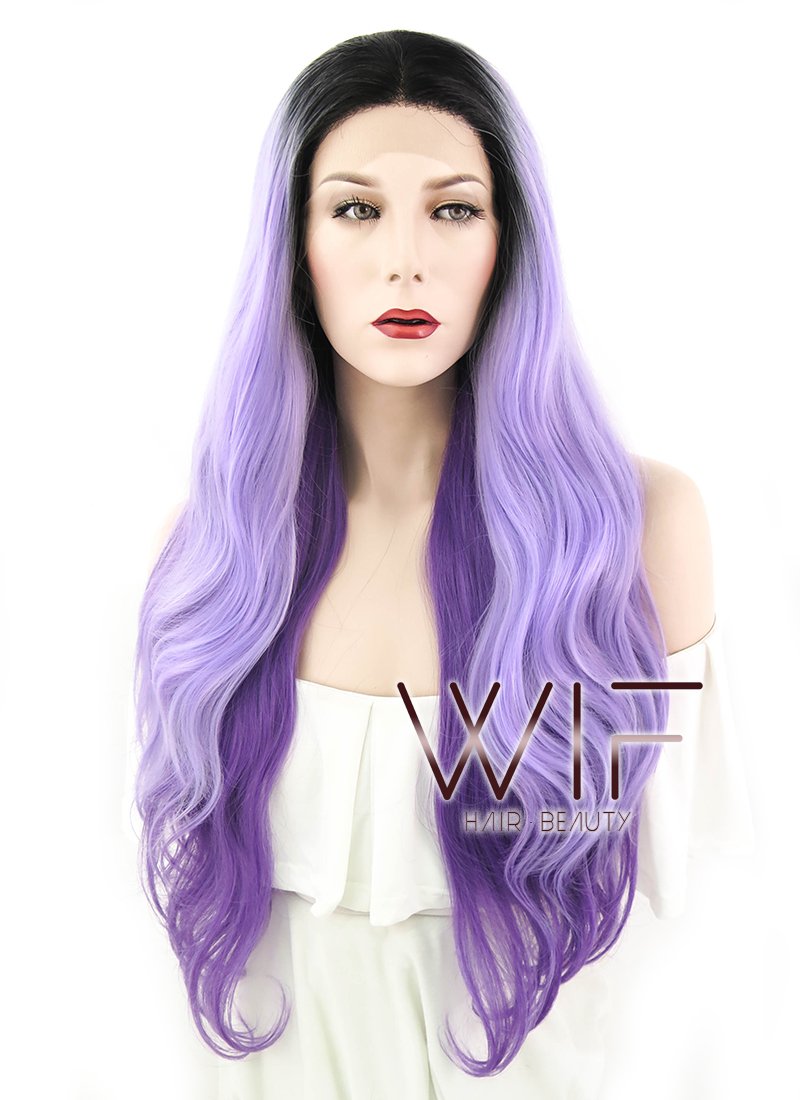 24" Wavy Two Tone Purple With Dark Roots Lace Front Synthetic Wig LF1609