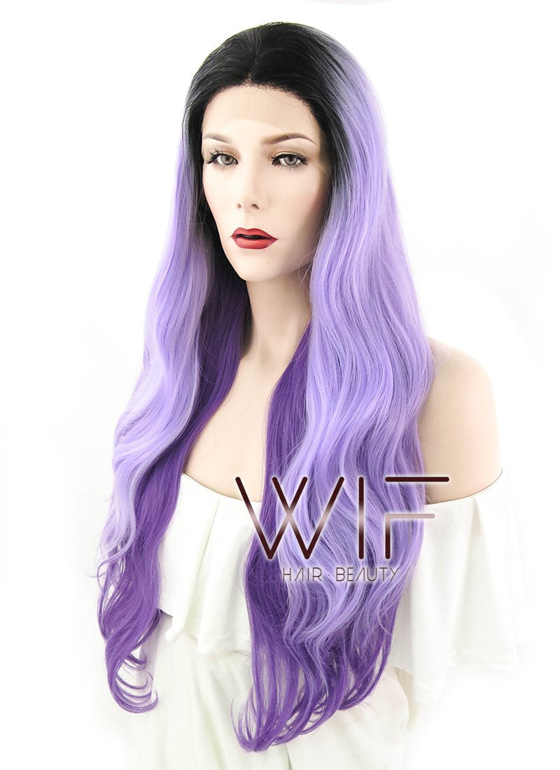 24" Wavy Two Tone Purple With Dark Roots Lace Front Synthetic Wig LF1609
