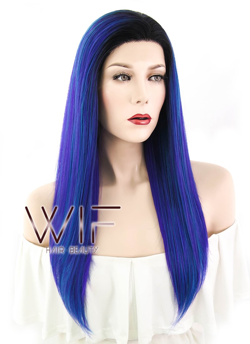16" Straight Blue Purple Ombre With Dark Roots Lace Front Synthetic Wig LF1611