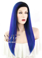 16" Straight Blue Purple Ombre With Dark Roots Lace Front Synthetic Wig LF1611