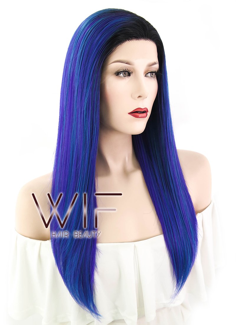 16" Straight Blue Purple Ombre With Dark Roots Lace Front Synthetic Wig LF1611