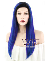 16" Straight Blue Purple Ombre With Dark Roots Lace Front Synthetic Wig LF1611