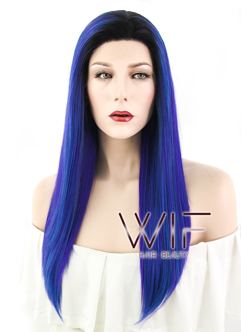 16" Straight Blue Purple Ombre With Dark Roots Lace Front Synthetic Wig LF1611