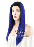 16" Straight Blue Purple Ombre With Dark Roots Lace Front Synthetic Wig LF1611