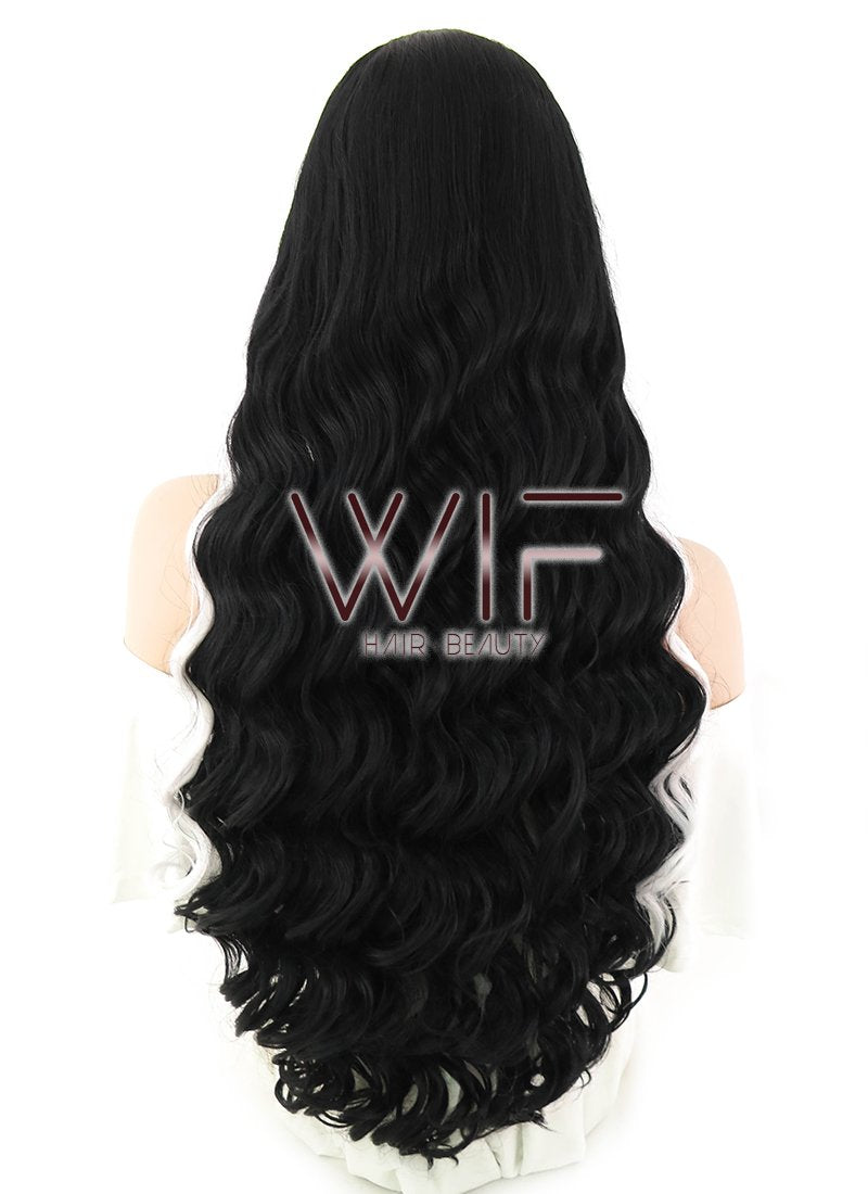 30" Wavy Black Mixed White Lace Front Synthetic Wig LF1612