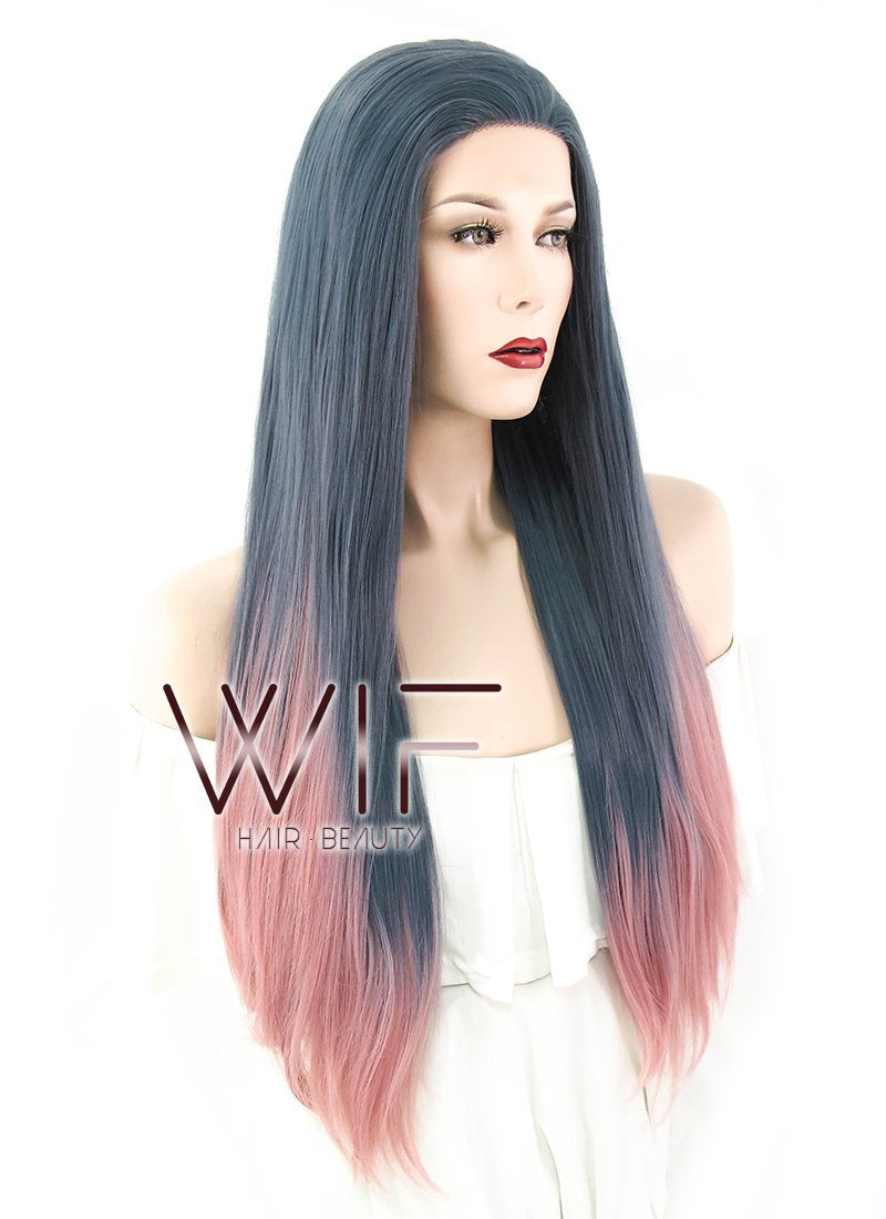 22" Straight Ash Blue Pink Ombre Lace Front Synthetic Wig LF1617