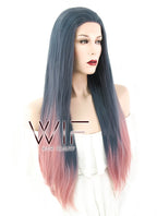 22" Straight Ash Blue Pink Ombre Lace Front Synthetic Wig LF1617