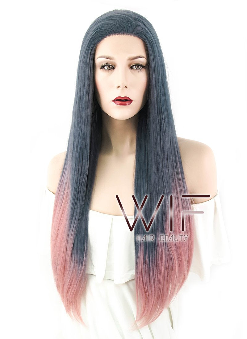 22" Straight Ash Blue Pink Ombre Lace Front Synthetic Wig LF1617