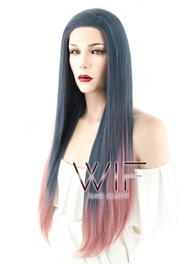 22" Straight Ash Blue Pink Ombre Lace Front Synthetic Wig LF1617