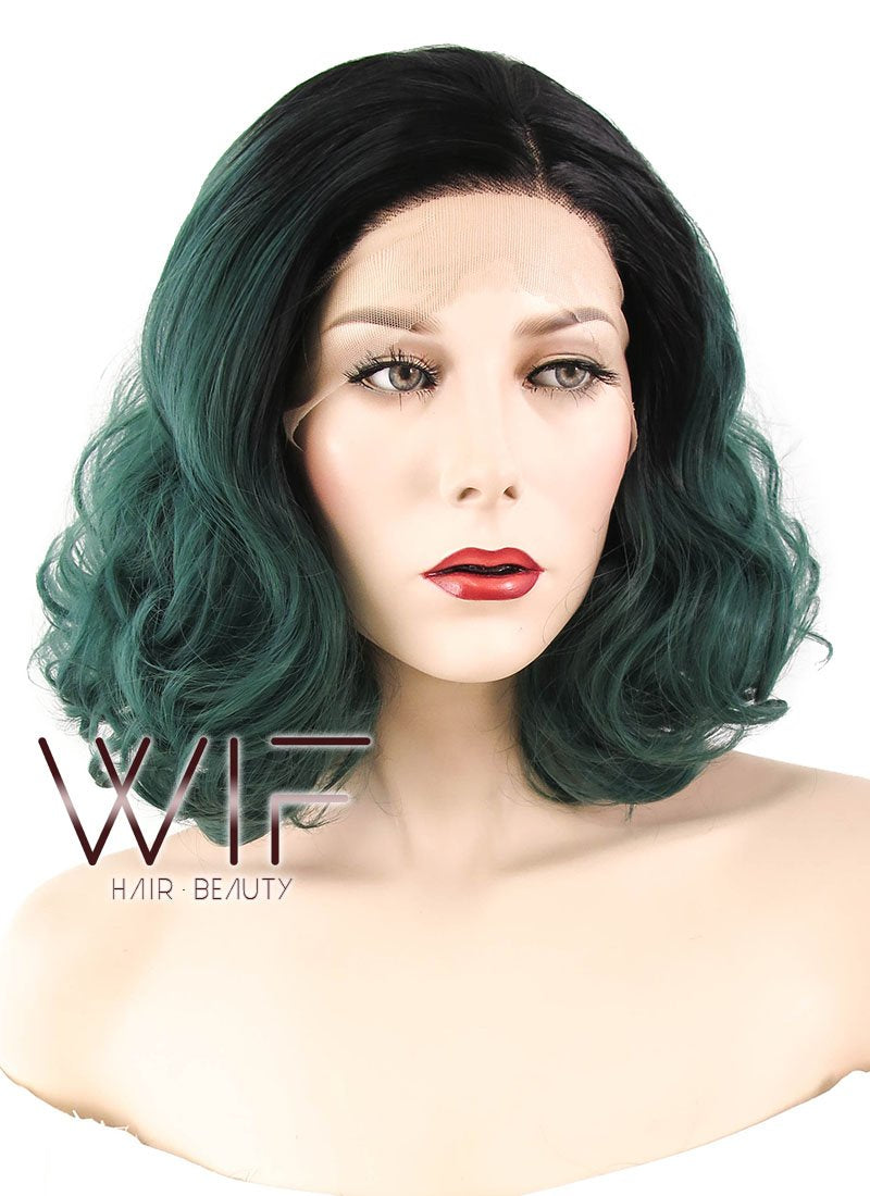 14" Wavy Green With Dark Roots Lace Front Synthetic Wig LF1620