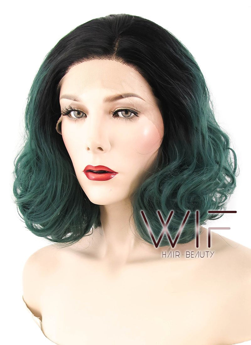 14" Wavy Green With Dark Roots Lace Front Synthetic Wig LF1620