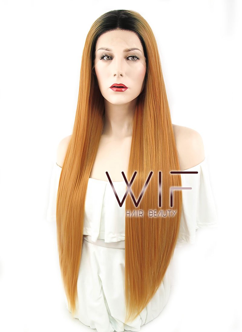 26" Straight Orange With Dark Roots Lace Front Synthetic Wig LF1622