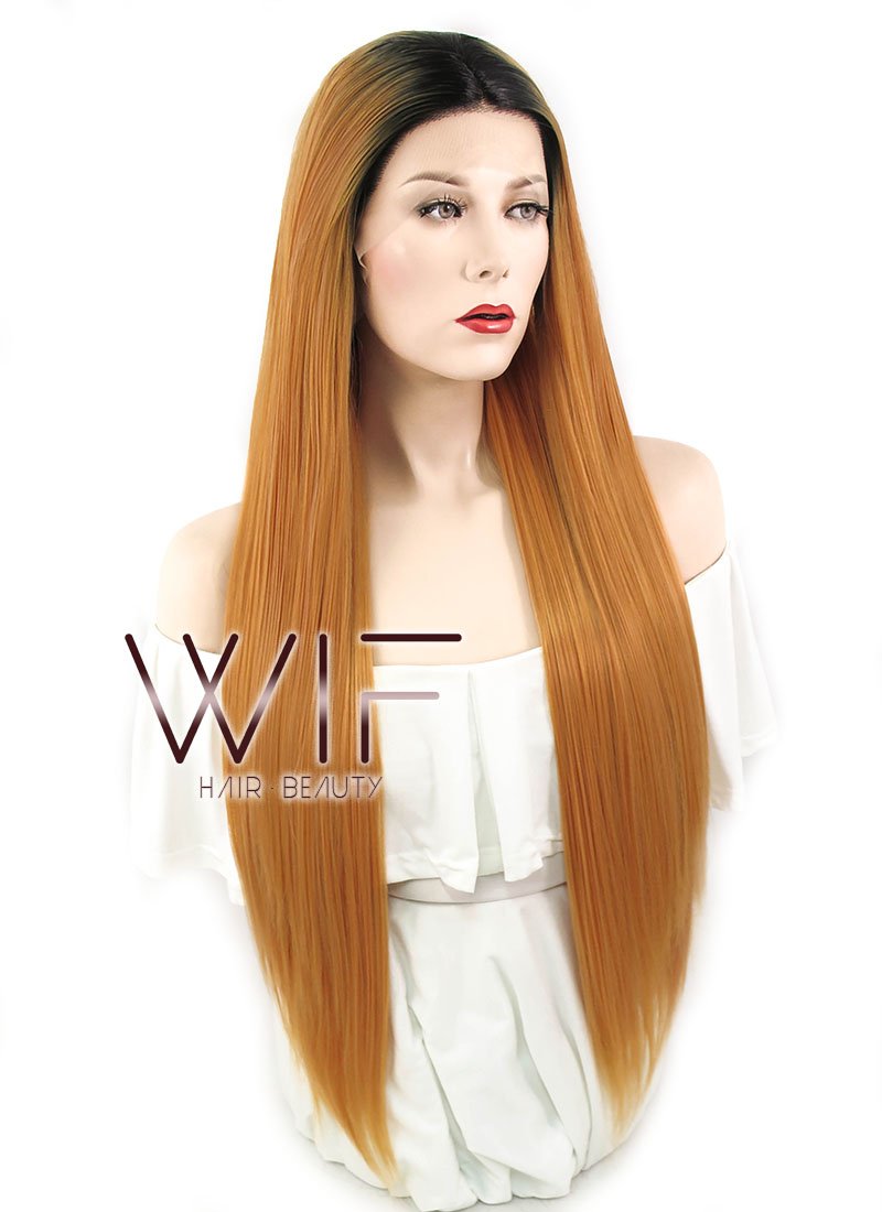 26" Straight Orange With Dark Roots Lace Front Synthetic Wig LF1622
