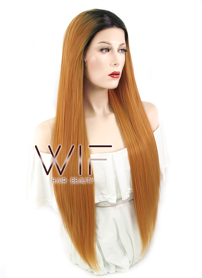 26" Straight Orange With Dark Roots Lace Front Synthetic Wig LF1622
