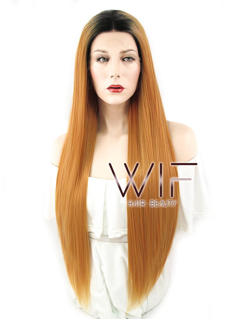 26" Straight Orange With Dark Roots Lace Front Synthetic Wig LF1622