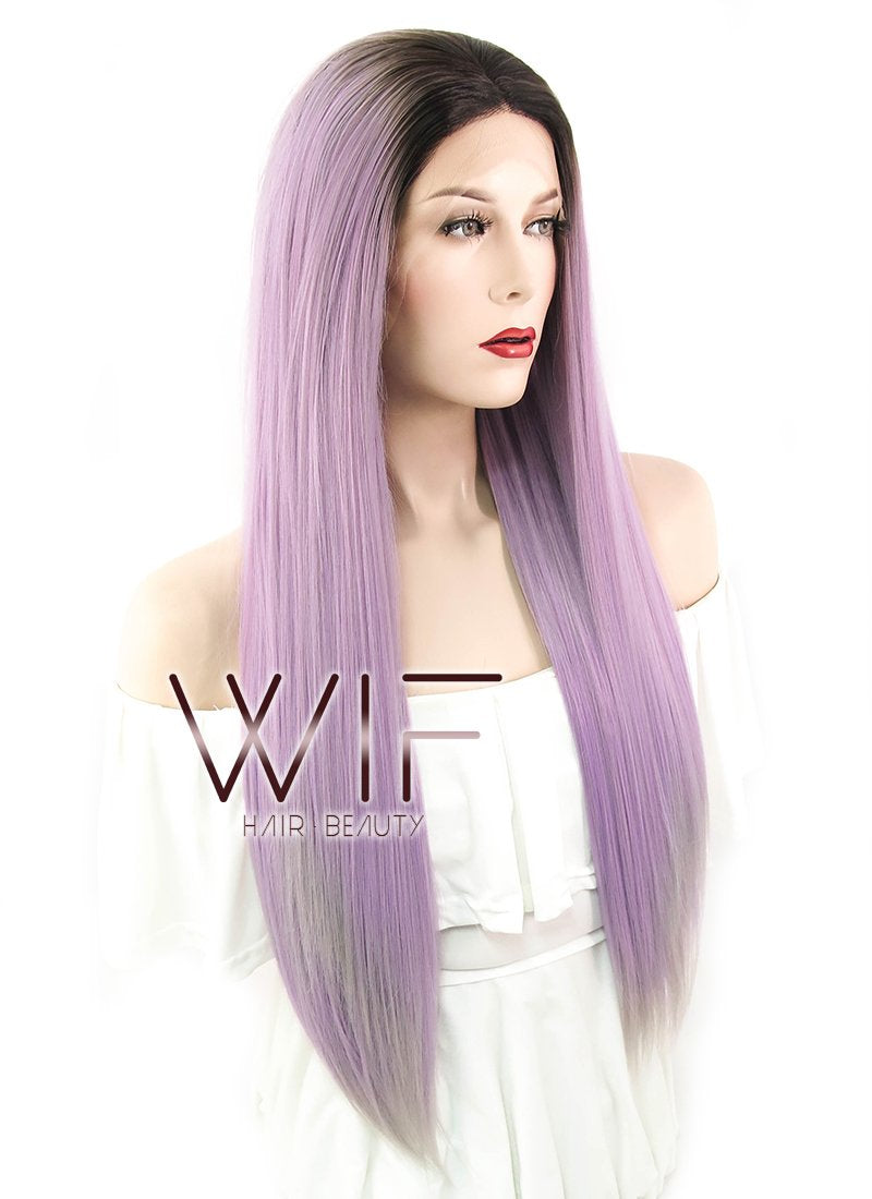 26" Straight Ash Purple With Dark Roots Lace Front Synthetic Wig LF1623
