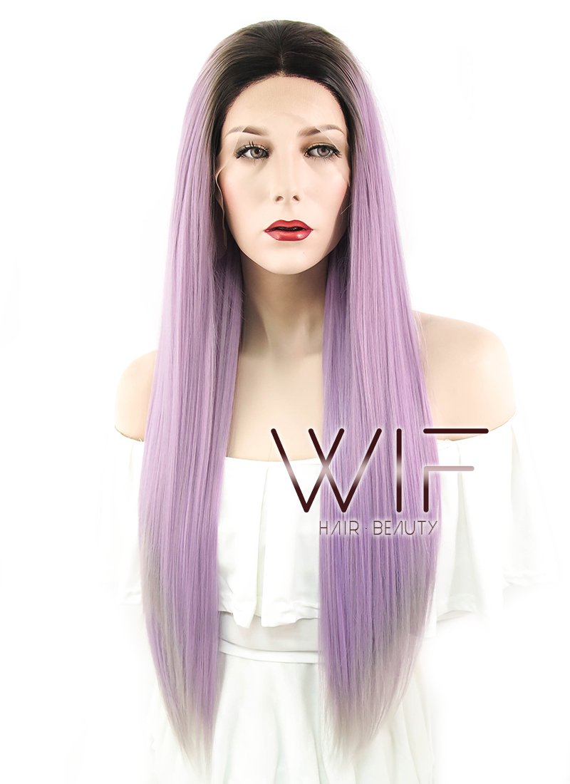 26" Straight Ash Purple With Dark Roots Lace Front Synthetic Wig LF1623