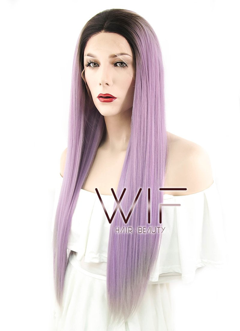26" Straight Ash Purple With Dark Roots Lace Front Synthetic Wig LF1623