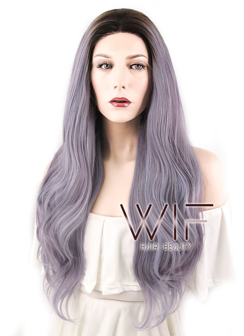 24" Wavy Ash Purple Mixed Pink With Dark Roots Lace Front Synthetic Wig LF1629