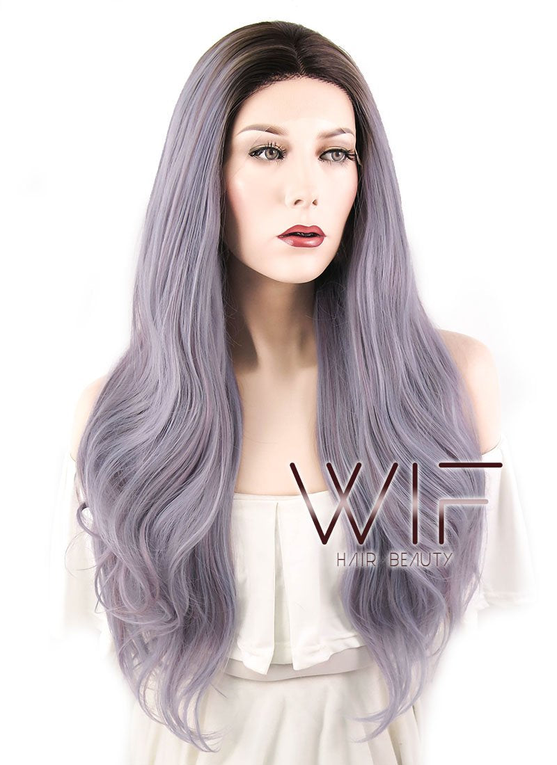 24" Wavy Ash Purple Mixed Pink With Dark Roots Lace Front Synthetic Wig LF1629