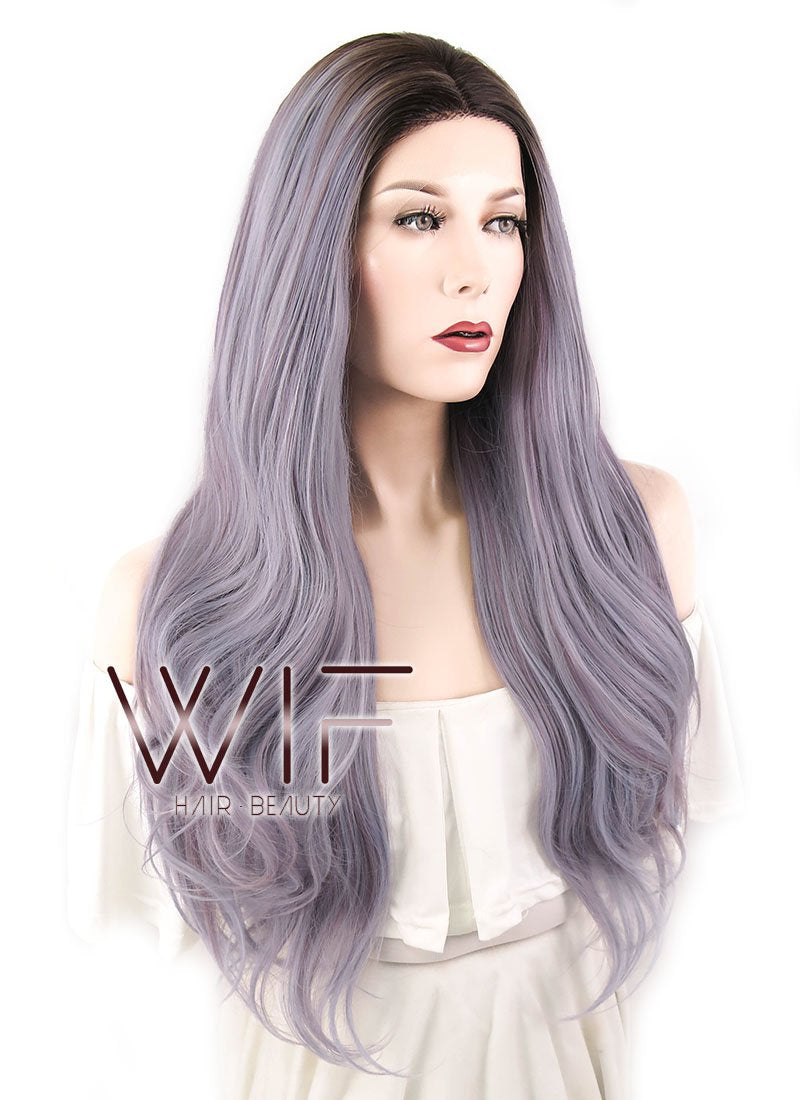 24" Wavy Ash Purple Mixed Pink With Dark Roots Lace Front Synthetic Wig LF1629