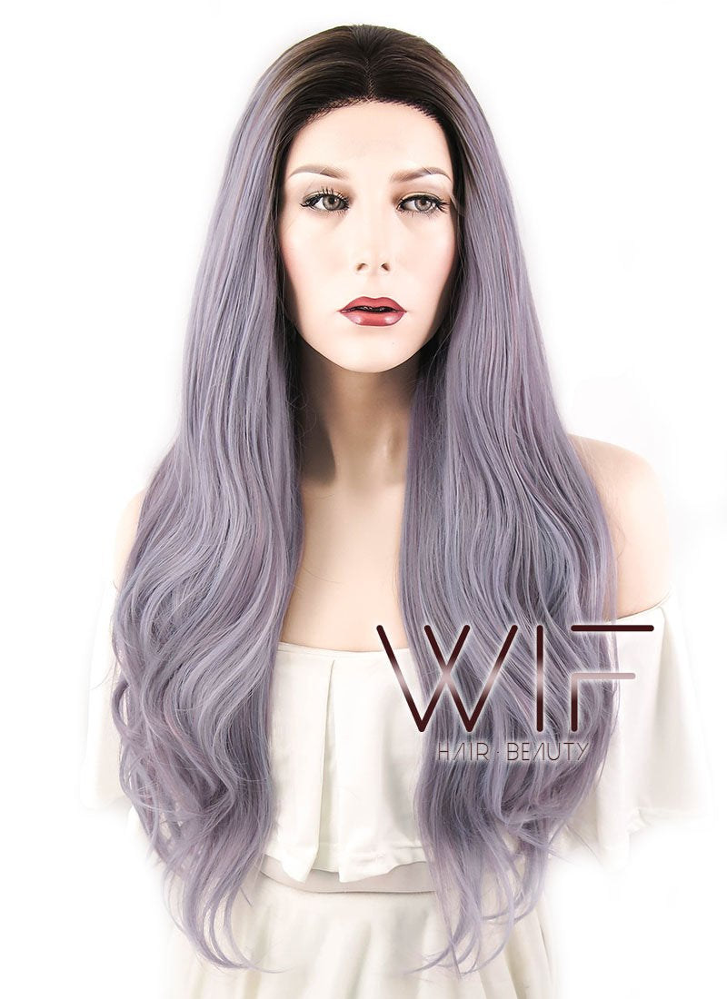 24" Wavy Ash Purple Mixed Pink With Dark Roots Lace Front Synthetic Wig LF1629