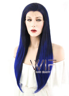 24" Straight Black Mixed Blue Lace Front Synthetic Wig LF199