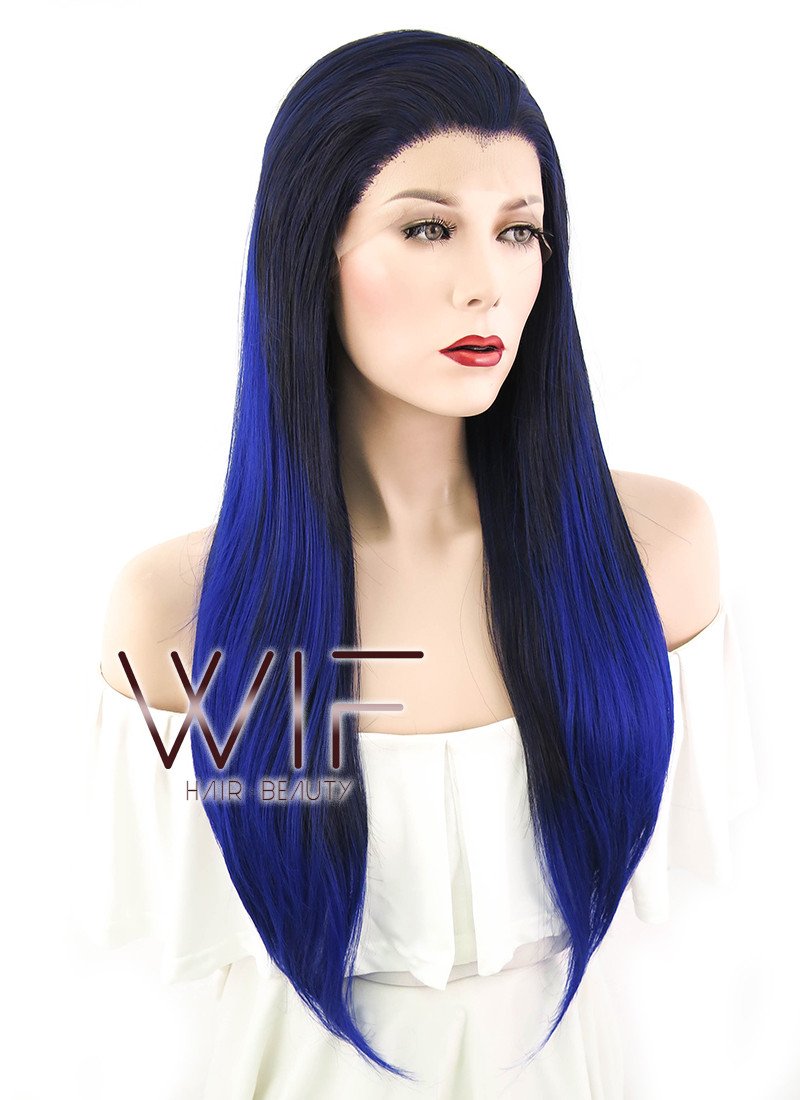 24" Straight Black Mixed Blue Lace Front Synthetic Wig LF199