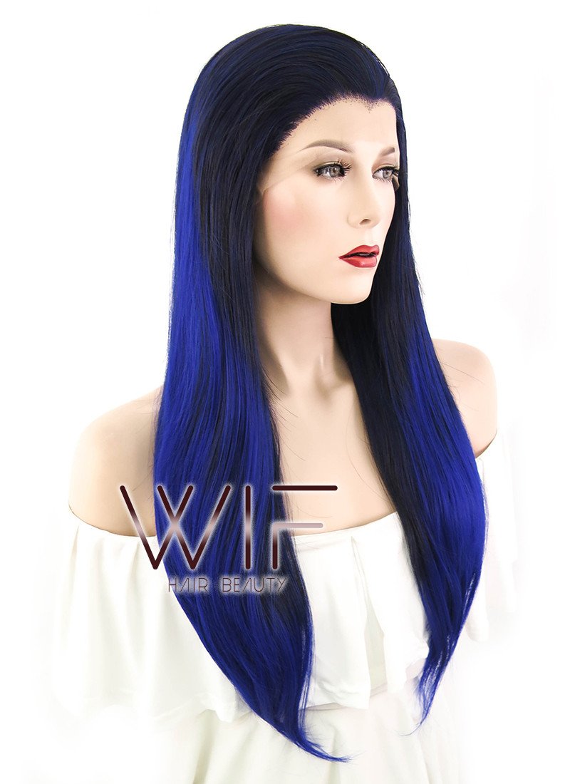 24" Straight Black Mixed Blue Lace Front Synthetic Wig LF199
